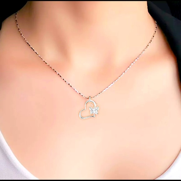 Silver Dainty Heart butterfly Necklace - Picture 3 of 3